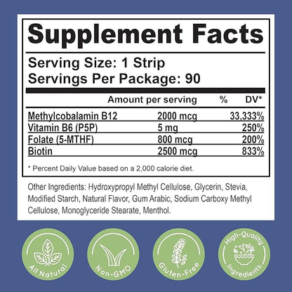 2,000 mcg Methylcobalamin Vitamin B12 Sublingual Energy Strips | Biotin, B6, 5-MTHF L-Methylfolate | Sublingual B12 Vitamins, Folate | Energy, Brain Health, Nerve Function - 90 Strips