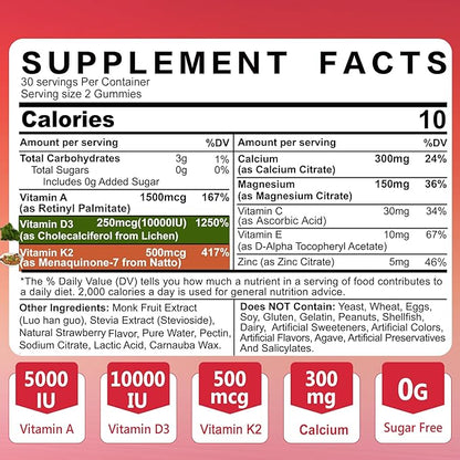 ADK Supplement - Vitamin D3 10000 IU + K2 (MK7) 500mcg + A 5000IU Gummies w/ Calcium Magnesium for Women & Men, K2 D3 Vitamin Supplement for Stronger Bone, Muscle, Vision, Immune, Sugar Free 2Packs