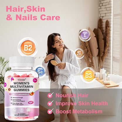 Sugar Free Multivitamin Gummies for Women 14+ with Iron, Inositol, Folate, Vitamins A C D3 E B12 K2, Herbal & Mineral Blend, Daily Vegan Gummy for Hair, Skin, Energy, Immune Support – 60 Count