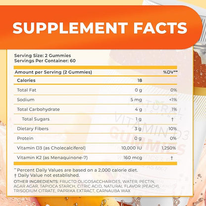 Vitamin D3 10000 IU & Vitamin K2 Gummies - Extra Strength, Sugar-Free, High Absorption - Bone, Joint, Immune, Heart, Brain & Mood Support - Non-GMO, Gluten-Free, Fiber-Based with Prebiotics, 30 Count