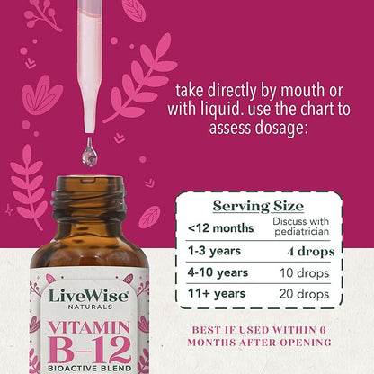 LiveWise Naturals Vitamin B12 Liquid Drops for Kids | Toddlers and Children I Methylcobalamin and Adenosylcobalamin | USDA Organic I Vegan | Non-GMO | Gluten Free | Low Dose