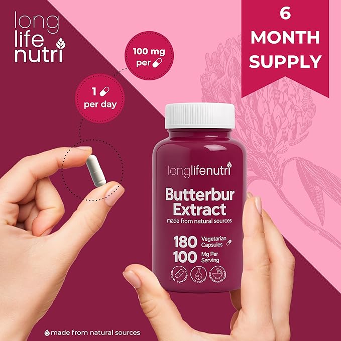 Butterbur Extract 100mg - Petasites Hybridus Root Extract, 180 Vegetarian Capsules, 6 Month Supply, Organic Supplement for Head Comfort & Neural Calm, GMP Certified, Made in USA