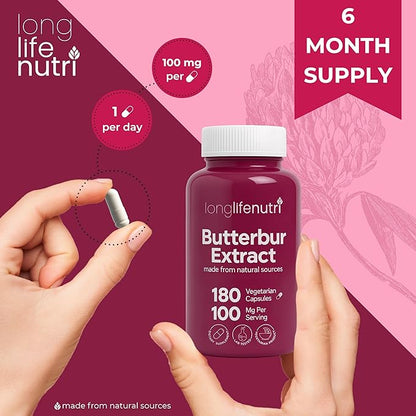 Butterbur Extract 100mg - Petasites Hybridus Root Extract, 180 Vegetarian Capsules, 6 Month Supply, Organic Supplement for Head Comfort & Neural Calm, GMP Certified, Made in USA