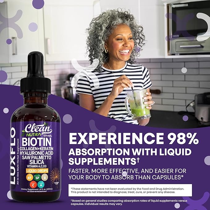 Biotin Liquid Drops Collagen Keratin Hyaluronic Acid Saw Palmetto for Hair Skin and Nails Silica Vitamin A C Vitamin D Bamboo Turmeric Zinc Folate Magnesium Horsetail LuxGlo by Clean Nutra
