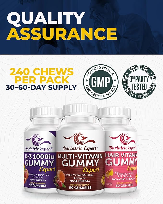 Bariatric Multivitamin 3 Pack, Multivitamin Gummy 90 Chews. - D3 Gummy 90 Chews.- Hair Vitamin Gummy 60 Chews.