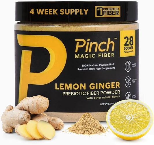 Pinch Magic Sugar Free Fiber Powder – Light Lemon Ginger Psyllium Husk with Bromelain & Vitamins C & D – Vegan, Gluten-Free, Clean Label, USA-Made, GMP-Certified – 28-Day Supply