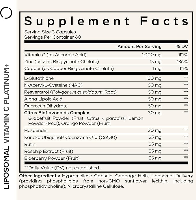 Codeage Liposomal Vitamin C+ Platinum - 1000 Mg Vitamin C Vitamins, Glutathione, NAC (N Acetyl Cysteine), Resveratrol, CoQ10, Rutin, Elderberry, Quercetin, Rosehip, Citrus Bioflavonoids - 180 Capsules