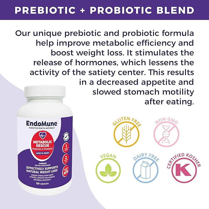 Endomune Metabolic Rescue Prebiotic and Probiotic | Physician Formulated | 120 Vegetarian Capsules | Weightloss