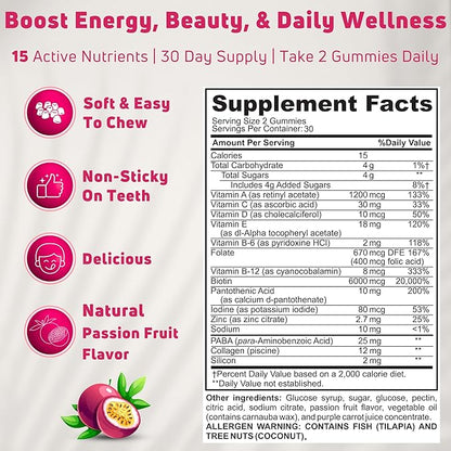 Hair Skin and Nails Gummies with Biotin (6000mcg), Collagen & PABA - Hair, Skin, and Nails Vitamins for Women and Men - Supports Hair Growth, Stronger Nails, Healthy Skin - 30 Servings
