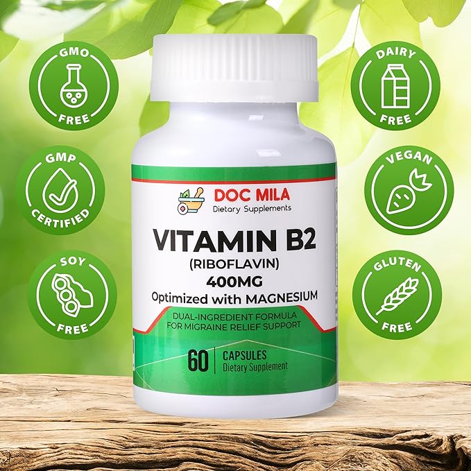 Vitamin B2 Riboflavin 400mg Capsules – Migraine Relief Supplement for Kids & Adults – Headache Support – Vegan Vitamin Tablets – 60 Pills (200mg per Capsule)