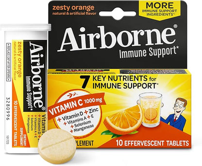 Airborne 1000mg Vitamin C with Vitamin D & Zinc, Sugar Free Multivitamin Immune Support Supplement, Antioxidants Vitamins A C & Vitamin E, 10 Effervescent Tablets, Zesty Orange Flavor