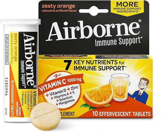 Airborne 1000mg Vitamin C with Vitamin D & Zinc, Sugar Free Multivitamin Immune Support Supplement, Antioxidants Vitamins A C & Vitamin E, 10 Effervescent Tablets, Zesty Orange Flavor