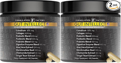 Gut Intellect 10-in-1 Microbiome Supplement, Prebiotics, Probiotics, Postbiotics, Colostrum, Collagen, Aloe Vera, Chamomile, Ginger, Enzymes, Digestive, 240 Caps (2 Pack)