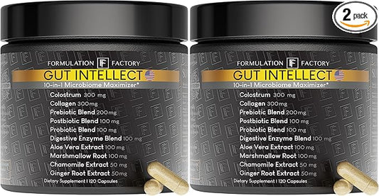 Gut Intellect 10-in-1 Microbiome Supplement, Prebiotics, Probiotics, Postbiotics, Colostrum, Collagen, Aloe Vera, Chamomile, Ginger, Enzymes, Digestive, 240 Caps (2 Pack)