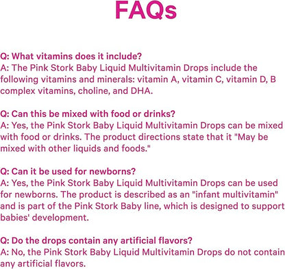 Pink Stork Baby Liquid Multivitamin Drops, Baby & Toddler Vitamin Drops with DHA, Vitamin C, D, B12 and Choline to Support Brain Health and Immune Function - 2 fl oz, 2 Month Supply
