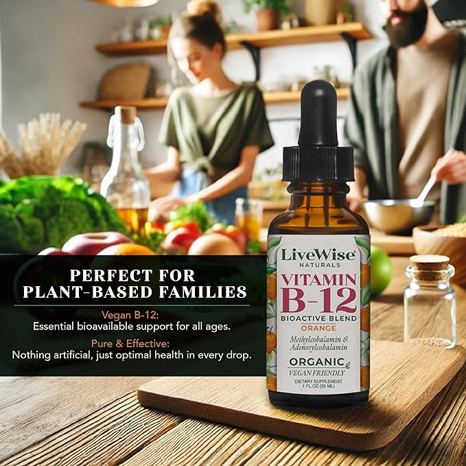 LiveWise Naturals Liquid Vitamin B12 Drops Organic Supplement with Adenosylcobalamin & Methylcobalamin – Easy to Absorb, Gluten-Free, Dairy-Free, for Energy & Wellness, Sublingual Formula -1 Fl Oz