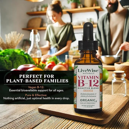 LiveWise Naturals Liquid Vitamin B12 Drops Organic Supplement with Adenosylcobalamin & Methylcobalamin – Easy to Absorb, Gluten-Free, Dairy-Free, for Energy & Wellness, Sublingual Formula -1 Fl Oz