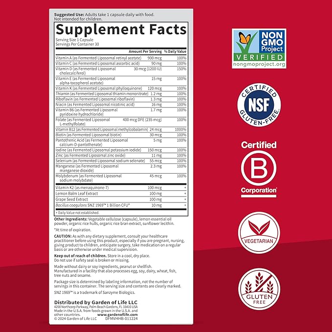 Garden of Life Dr. Formulated Multi+ Heart Health - Fermented Liposomal Multivitamin + Vitamin K2 MK-7, B Vitamins & Probiotics - One a Day for Cardiovascular & Blood Vessel Function, 30 Capsules