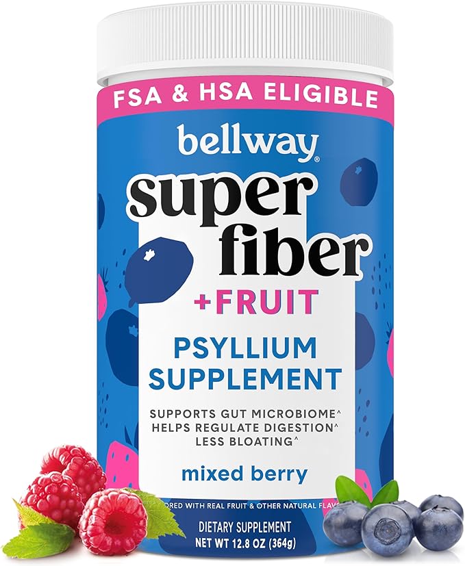 Bellway Super Fiber Powder + Fruit, Sugar Free Organic Psyllium Husk Powder Fiber Supplement for Regularity, Bloating Relief & Digestive Health, Plant-Based, Mixed Berry (50 Servings)