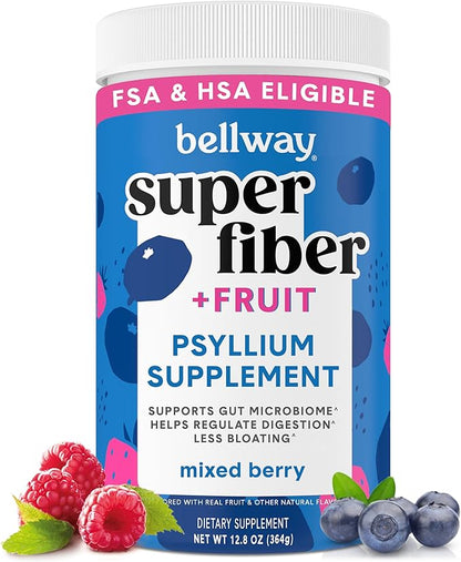 Bellway Super Fiber Powder + Fruit, Sugar Free Organic Psyllium Husk Powder Fiber Supplement for Regularity, Bloating Relief & Digestive Health, Plant-Based, Mixed Berry (50 Servings)