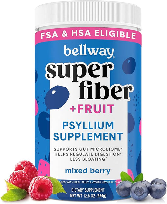 Bellway Super Fiber Powder + Fruit, Sugar Free Organic Psyllium Husk Powder Fiber Supplement for Regularity, Bloating Relief & Digestive Health, Plant-Based, Mixed Berry (50 Servings)