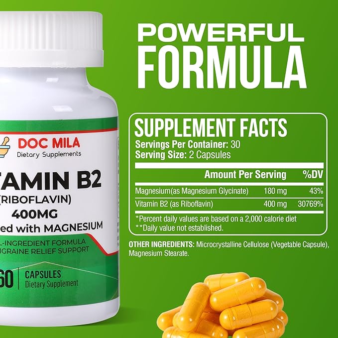 Vitamin B2 Riboflavin 400mg Capsules – Migraine Relief Supplement for Kids & Adults – Headache Support – Vegan Vitamin Tablets – 60 Pills (200mg per Capsule)