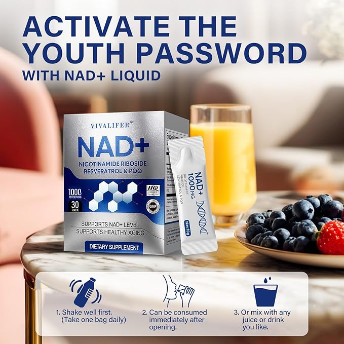 NAD+ Liquid Supplement 30 Packets, Premium Nicotinamide Riboside & Resveratrol with PQQ, Promotes Anti-Aging, Metabolism Support, Focus & Energy Boost