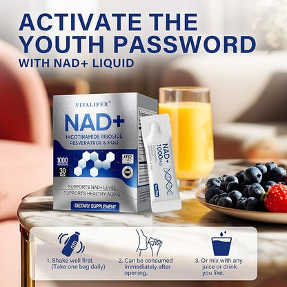 NAD+ Liquid Supplement 30 Packets, Premium Nicotinamide Riboside & Resveratrol with PQQ, Promotes Anti-Aging, Metabolism Support, Focus & Energy Boost