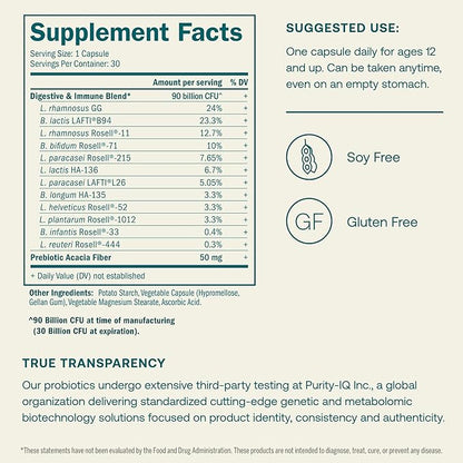 True Grace One Daily Probiotic - 30 Vegetarian Capsules - 90 Billion CFU - Gut, Digestive & Immune Health Support Blend with Prebiotic Fiber - Gluten & Soy Free