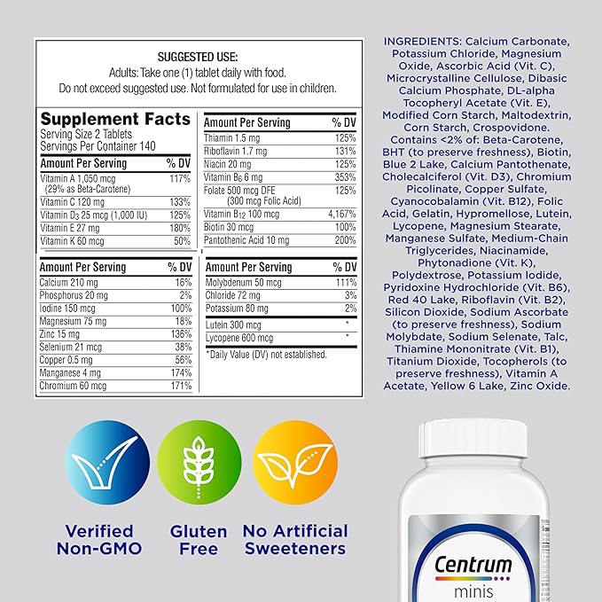Centrum Minis Silver Multivitamin for Men 50 Plus, Multivitamin/Multimineral Supplement, Vitamin D3, B-Vitamins and Zinc, Non-GMO Ingredients, Supports Memory and Cognition in Older Adults - 280 Ct