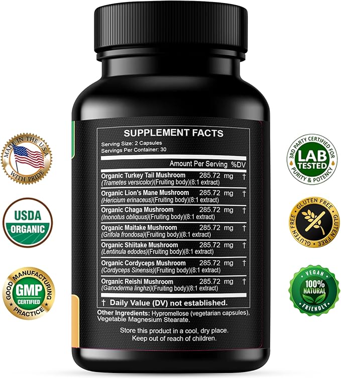 Organic Mushroom Supplement Extracts of Lions Mane Cordyceps Chaga Reishi Turkey Tail Maitake Shiitake Capsules - Natural Vitamins Minerals Antioxidants Supplement - Made in The USA