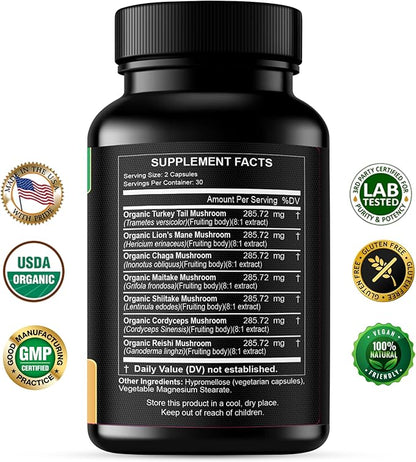 Organic Mushroom Supplement Extracts of Lions Mane Cordyceps Chaga Reishi Turkey Tail Maitake Shiitake Capsules - Natural Vitamins Minerals Antioxidants Supplement - Made in The USA