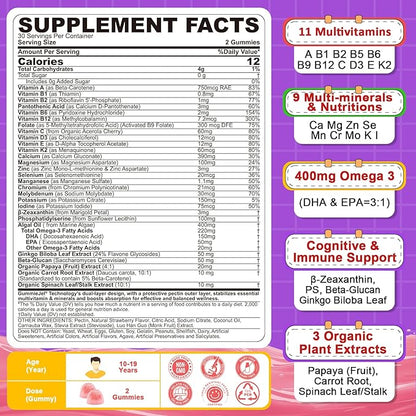 Multivitamin Filled Gummies for Teen Boys Girls 12-17, 18, 19, Kids 10+ Multivitamin with Omega 3, Calcium + Magnesium + Zinc, Multi-Minerals for Adolescent 10-19S Brain, Bone, Energy, Immune