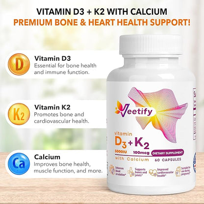 Vitamin D3 (5000 IU) and K2 (100 mcg) with Calcium - 60 Veggie Capsules