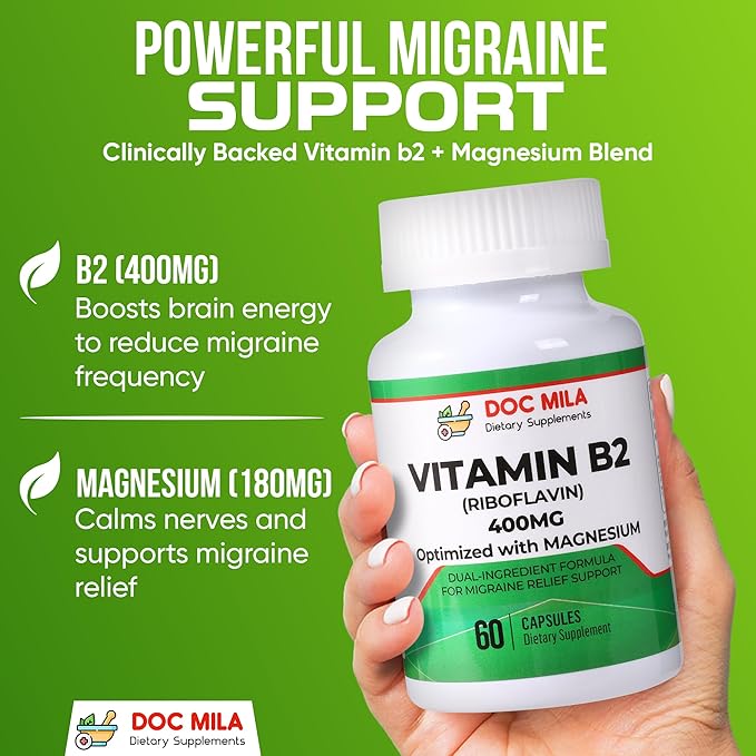 Vitamin B2 Riboflavin 400mg Capsules – Migraine Relief Supplement for Kids & Adults – Headache Support – Vegan Vitamin Tablets – 60 Pills (200mg per Capsule)