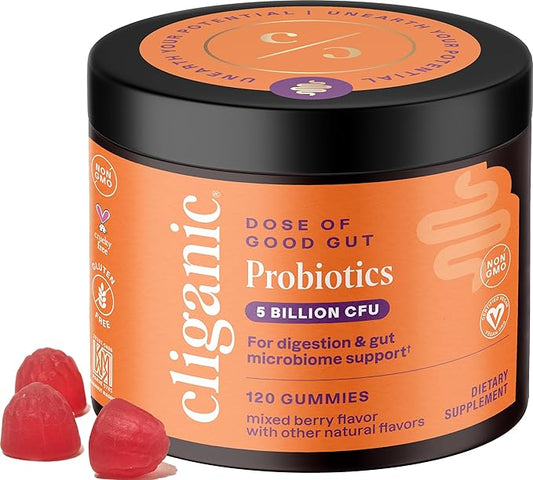 Cliganic Probiotics Gummies for Men & Women (5 Billion CFU, 120-Day Supply) - Berry Flavor, Vegan, Non-GMO, Kosher, Gluten-Free, Promotes Digestive Health, Balances Gut Microbiome