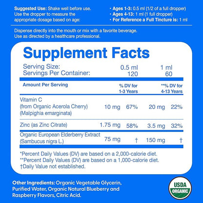 Elderberry for Kids Liquid Drops with Vitamin C & Zinc - 2oz - Children and Toddler Immune Support Supplement USDA Organic Sambucus Elderberry Extract Ages 1-13 Years - Made in USA - 2 fl oz