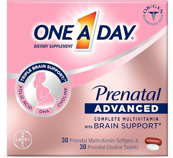 One A Day Womens Prenatal Advanced Complete Multivitamin with Brain Support* with Choline, Folic Acid, Omega-3 DHA & Iron for Pre, During and Post Pregnancy, 30+30 Count (60 Total Set)