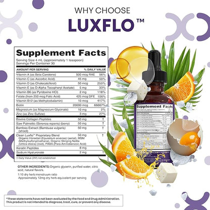 Biotin Liquid Drops Collagen Keratin Hyaluronic Acid Saw Palmetto for Hair Skin and Nails Silica Vitamin A C Vitamin D Bamboo Turmeric Zinc Folate Magnesium Horsetail LuxGlo by Clean Nutra