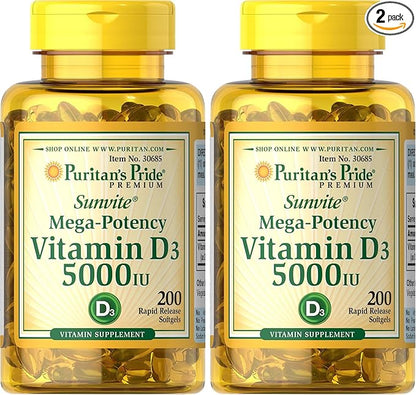 Puritan's Pride Vitamin D3 5,000 IU Bolsters Immunity for Immune System Support and Healthy Bones and Teeth Softgels, Packaging May Vary, Unflavored, 200 Count (Pack of 2)