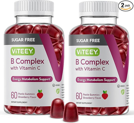 VITEEY Vitamin B Complex Gummies with Vitamin C, Sugar Free - Energy, Metabolism & Nerve Health - B6, B12, Folic Acid, Biotin - Vegan, Gelatin Free, GMO Free - Tasty Chewable Strawberry Flavored Gummy