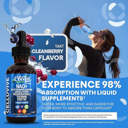Clean Nutra NAD Liquid Supplement Drops Resveratrol Polyphenols Liposomal Taurine Fisetin Grape Seed Extract Japanese Knotweed Fo Ti Anti Aging NAD+ Nicotinamide Adenine Dinucleotide for Women & Men
