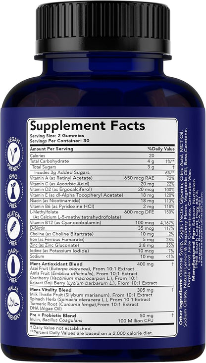 Sakoon nutrition Men's Multivitamin Gummies with Probiotics and Prebiotics, Adult Multivitamin A, C, D, E, B & More, Support Immune, Energy, Health, 60 Count