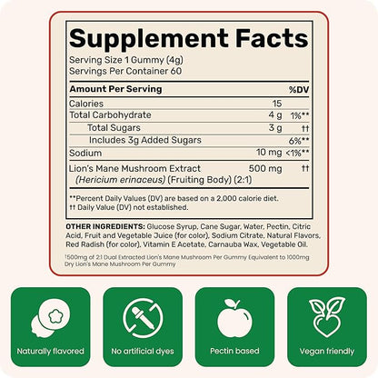 Fungies Lion's Mane Mushroom Gummies, Mixed Blueberry & Strawberry Flavor - Mushroom Supplement Gummy for Adults & Children Supports Brain Health, Cognitive Function, Focus, Memory & Mood, 60 Servings