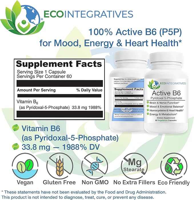 EcoIntegratives® Active B6 – 33.8 mg Pyridoxal 5-Phosphate (P5P), High Potency Active Vitamin B6 for Energy, Mood, Nerve and Heart Support* – Non-GMO, Gluten Free, 60 Vegetarian Capsules