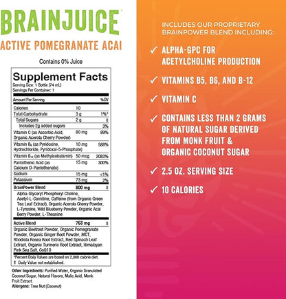 BrainJuice Active Focus & Energy Drink Shots, Supports Endurance, Recovery & Clarity, Non-GMO, Gluten Free, Nootropics, Alpha GPC, B Vitamins & Organic Green Tea, Pomegranate Acai, 2.5 fl oz, 12 Pack
