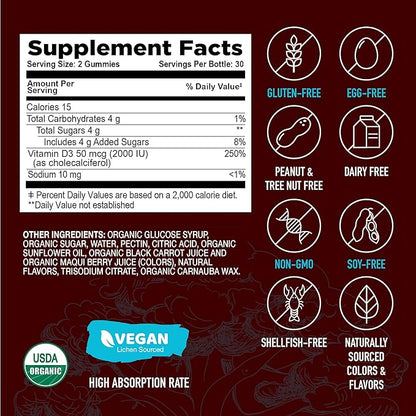 YUM-V'S Strong Earth Organic Vitamin D3 Gummies for Adults, (2000 iu Vitamin D 3 per Serving - 60 Count) for Bone & Immune Support, Vegan Chewable - Strawberry/Raspberry (60 Count)