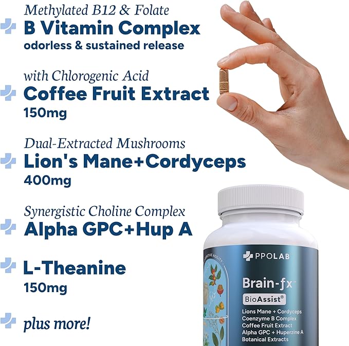 Brain-fx™ Focus Memory Nootropic Energy Brain Supplement, Methyl B Vitamin, Lions Mane, Bacopa, Alpha GPC Choline, Huperzine A, L Theanine, Ginseng, Cordyceps, Coffee Fruit, Clean Certified® 60 Count