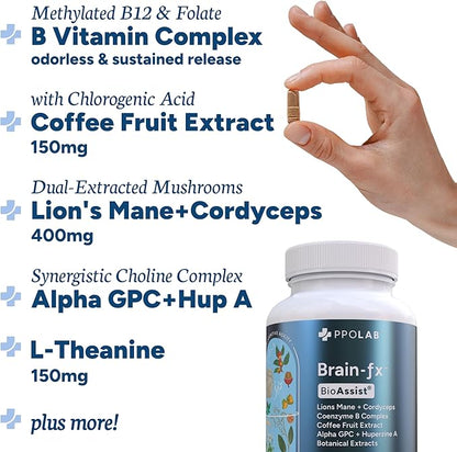 Brain-fx™ Focus Memory Nootropic Energy Brain Supplement, Methyl B Vitamin, Lions Mane, Bacopa, Alpha GPC Choline, Huperzine A, L Theanine, Ginseng, Cordyceps, Coffee Fruit, Clean Certified® 60 Count