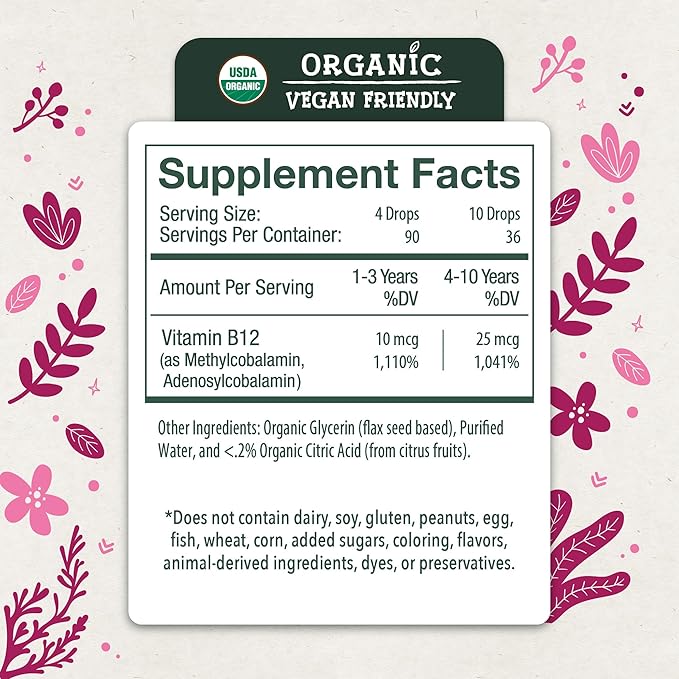 LiveWise Naturals Vitamin B12 Liquid Drops for Kids | Toddlers and Children I Methylcobalamin and Adenosylcobalamin | USDA Organic I Vegan | Non-GMO | Gluten Free | Low Dose
